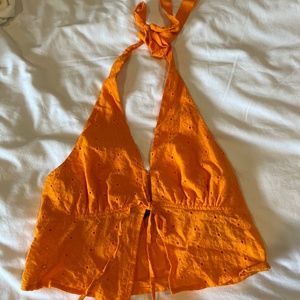 Orange crop tie-front top